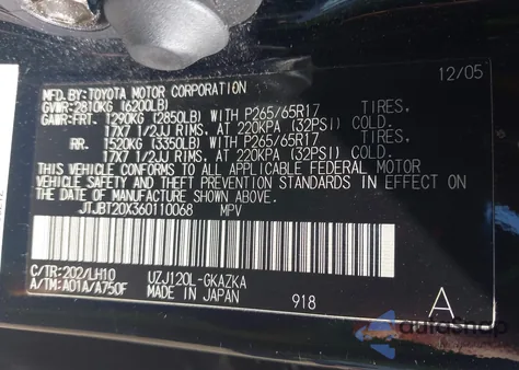 2006 Lexus Gx 470 from USA, damaged, VIN JTJBT20X360110068